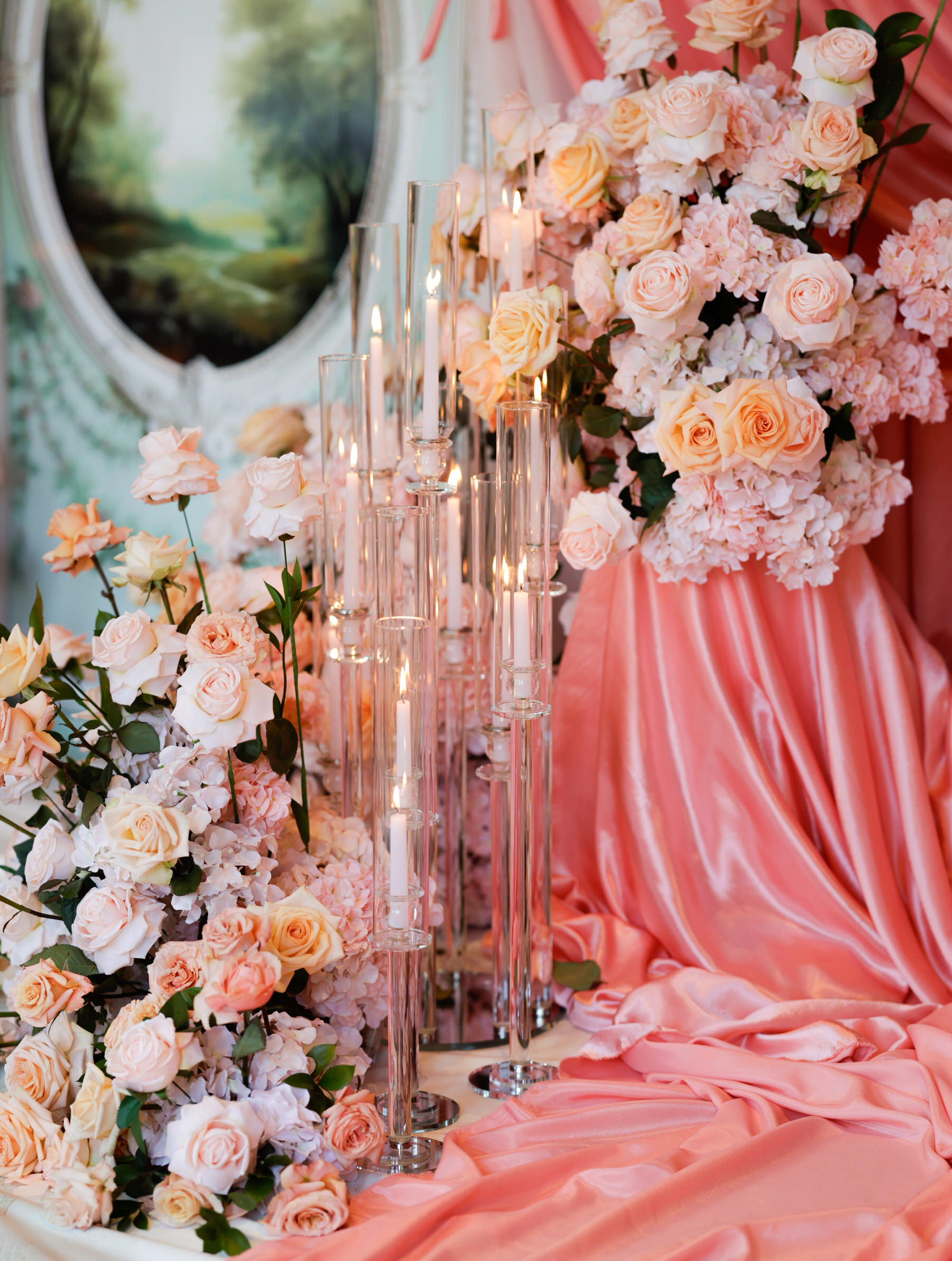 Elegant Rococo Revival arrangement of pale pink and peach roses with ...