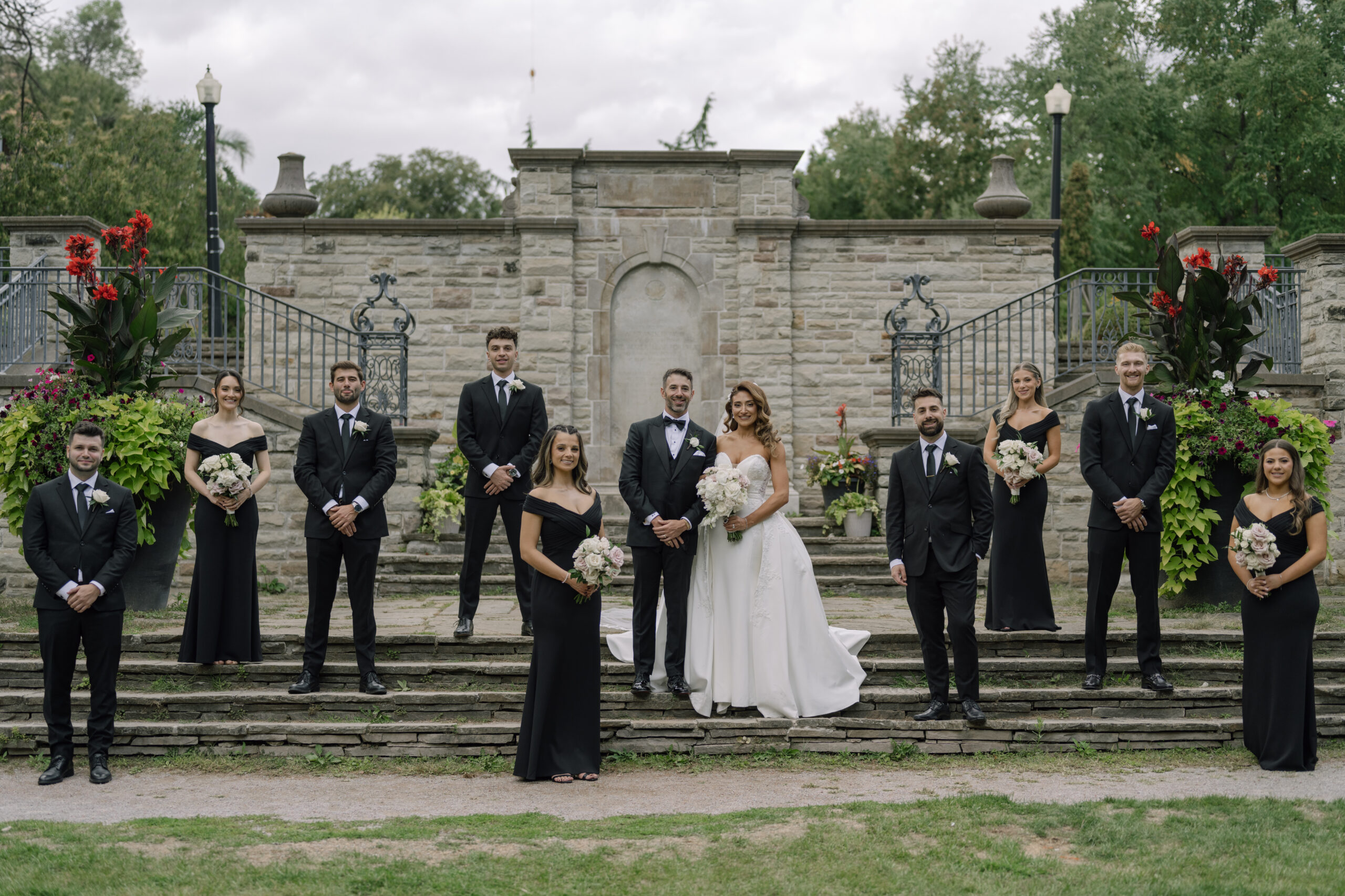 black dresses toronto A bride and groom stand together on stone steps, surrounded by five bridesmaids in Color:Blue Verdure on White Do Not Tumble Dry global-waist_seam-Fitted elegant long prom dresses