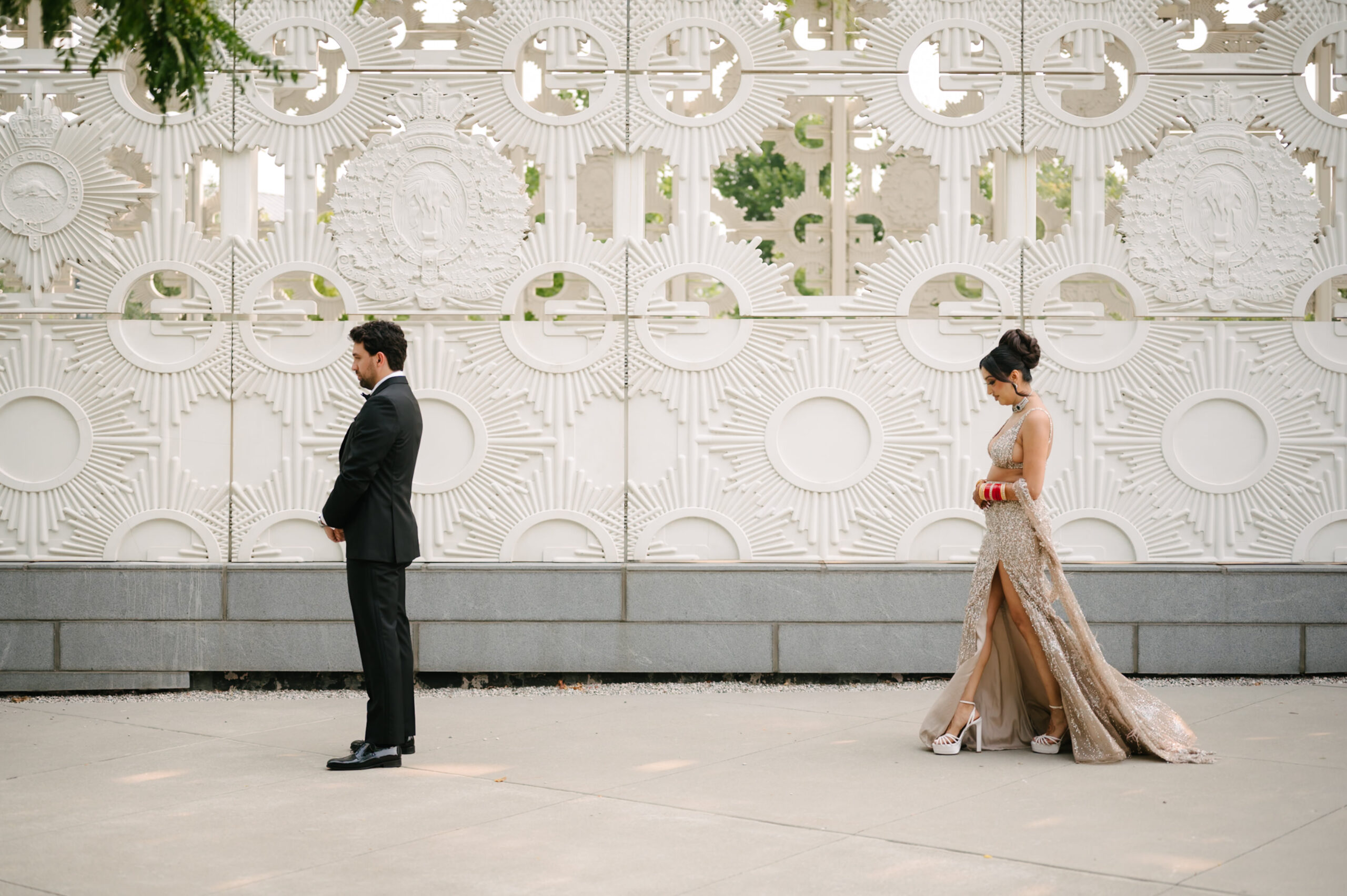black tux with gold dress Black-and-White Groom Tux Gold Accents
