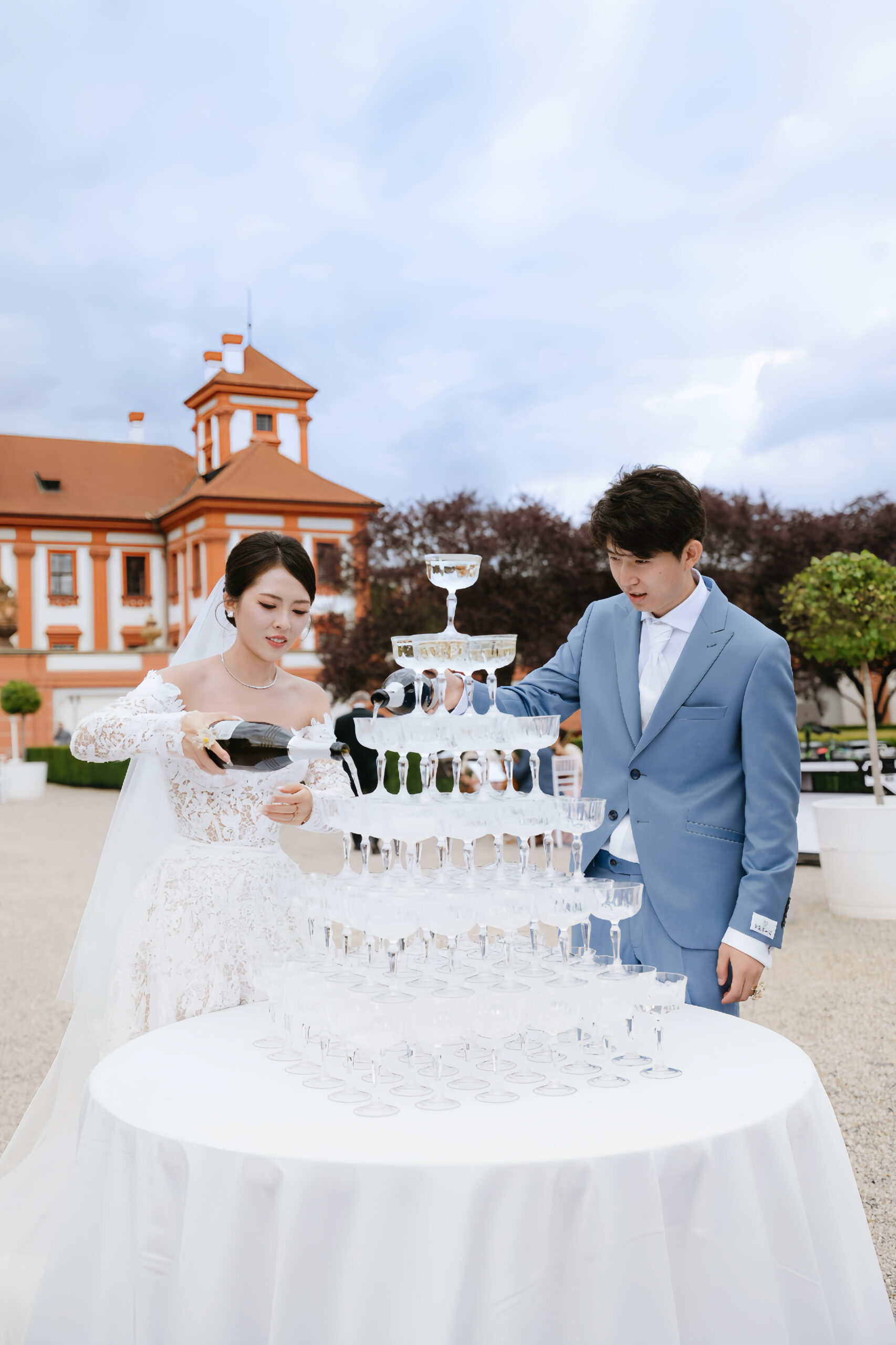 champagne dress with blue suit A bride in a white gown and a groom in a light pour BLUE SUN- AFRICAN COTTON sizechart-mini-dress-with-sleeve-hips Bride Color:Azure Bream