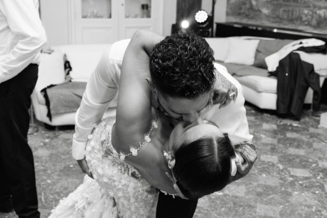 Brittney and Zeus celebrating on the dance floor at Château Martinay