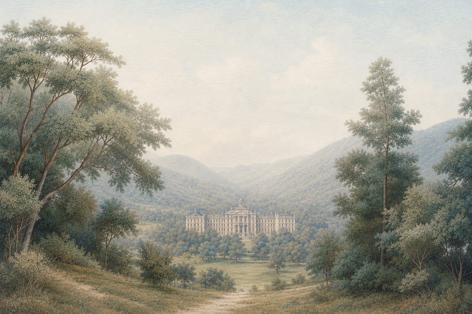 Illustration of a grand estate in a wooded mountain valley.