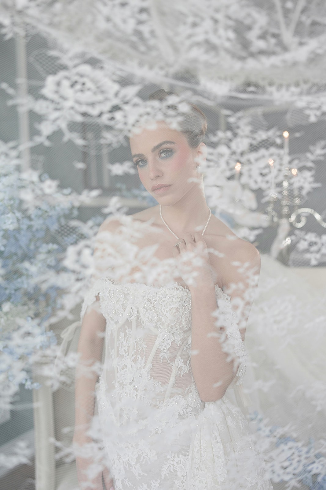 Soft-focus portrait of a model in a lace gown framed by pale flowers and decorative branches.
