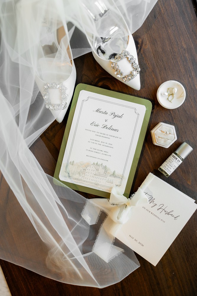 Marta and Eric at Elora Mill — stationery shoes and bridal details — photographed by Rose Vine Studios