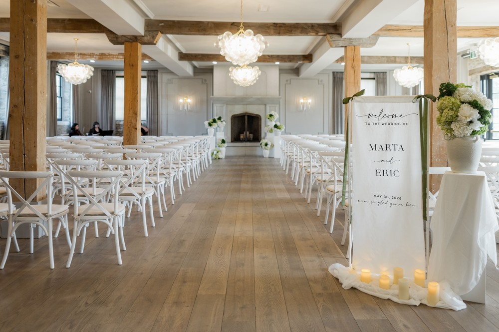 Marta and Eric at Elora Mill — elora mill ceremony room — photographed by Rose Vine Studios