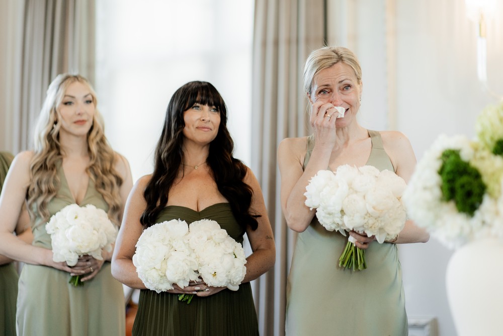 Marta and Eric at Elora Mill — bridesmaid ceremony reaction — photographed by Rose Vine Studios