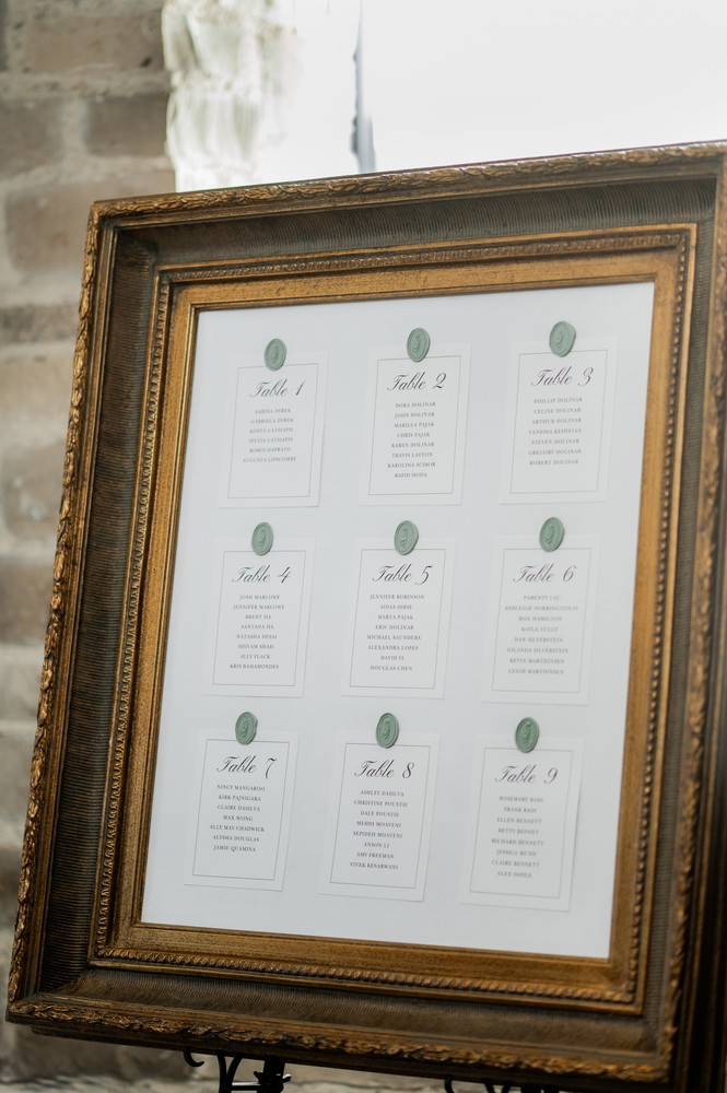 Marta and Eric at Elora Mill — reception seating chart — photographed by Rose Vine Studios