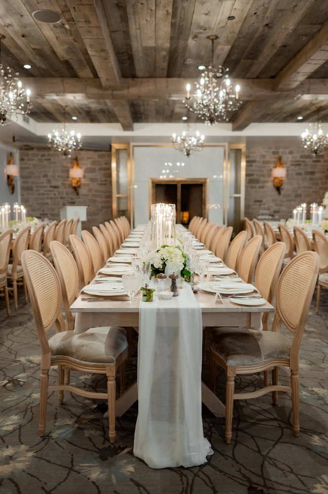 Marta and Eric at Elora Mill — reception long table — photographed by Rose Vine Studios