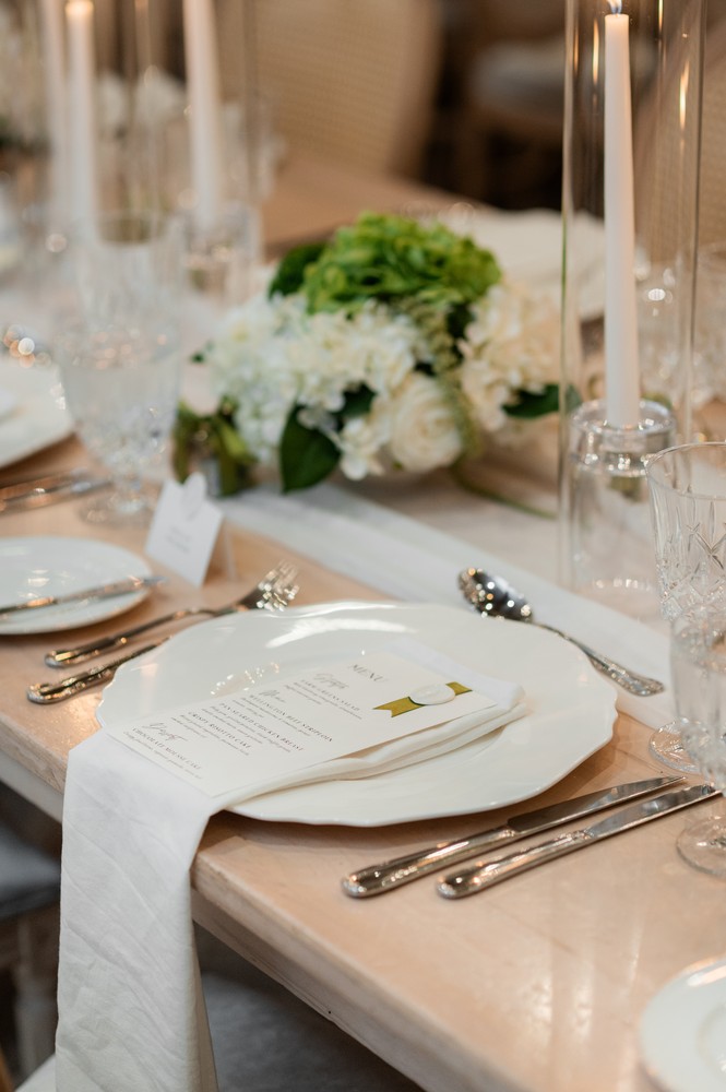 Marta and Eric at Elora Mill — reception place setting — photographed by Rose Vine Studios