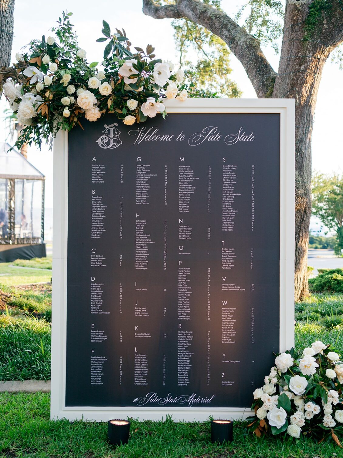 Magnolia florals, checkerboard details, and reception design at White House Biloxi.