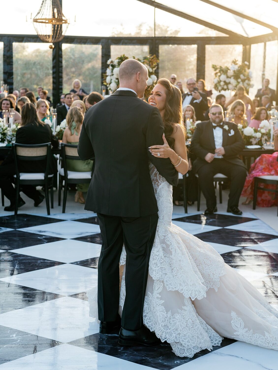 Black-tie wedding reception at White House Biloxi in Biloxi, Mississippi.