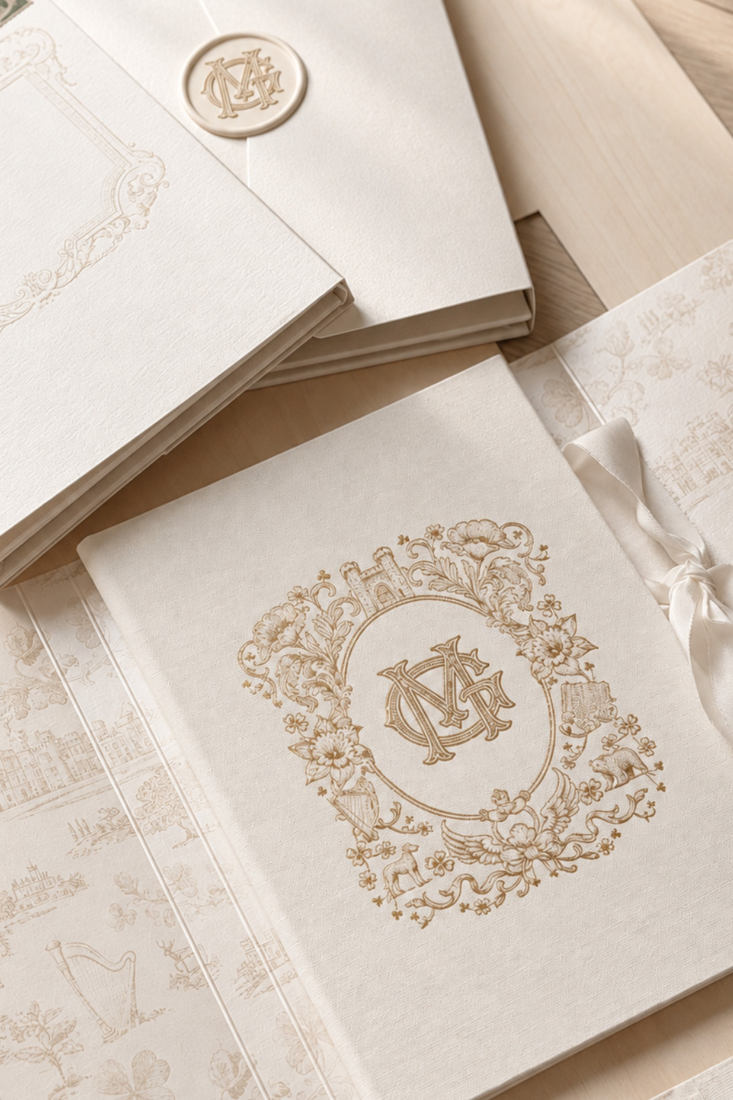 Elegant cream-colored invitations with a gold embossed monogram and ornate border, inspired by an Irish castle wedding at Ashford Castle, are surrounded by matching envelopes and patterned papers, all artfully arranged on a light wooden surface.