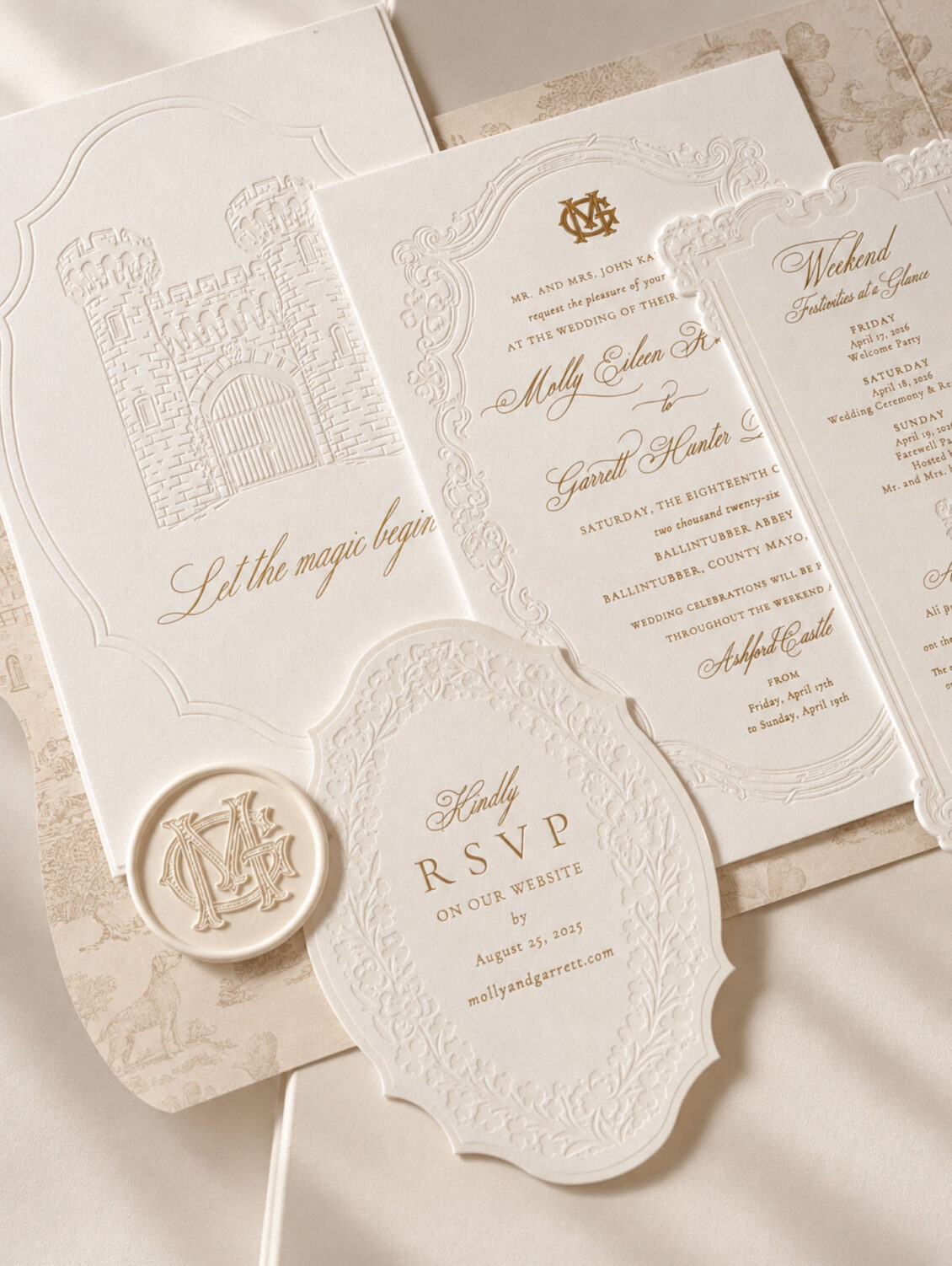 Elegant ivory wedding invitations with embossed designs, gold foil accents, a castle illustration inspired by an Irish castle wedding at Ashford Castle, a monogrammed wax seal, and ornate borders. RSVP and event details are included on separate decorative cards.