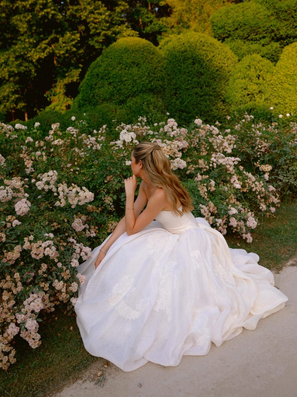 Lamya in her strapless ball gown seated before a wall of pale climbing roses